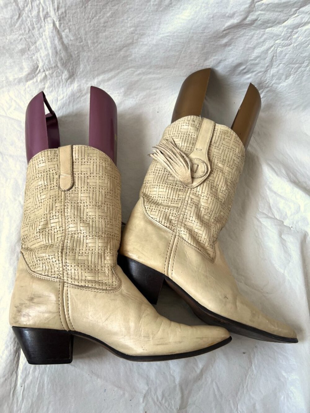 Vintage western boots Laredo cream leather basket weave womens 10 almond toe - Picture 7 of 15